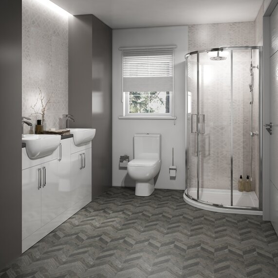 Oliver Suite 1500 Unit with Double Sink & Storage and Quadrant Shower: Bathroom Fitted Furniture Set