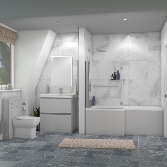 800mm Sink Unit, BTW Toilet, L-shaped Bath - Ashford Light Grey Bath Suite