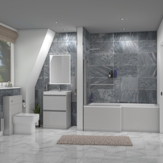 600mm Sink Unit, BTW Toilet, L Shaped Bath - Ashford Pearl Grey Bath Suite