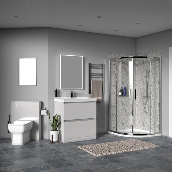 800mm Sink Unit, BTW Toilet, Quadrant Shower Cubicle - Ashford Light Grey Shower Suite