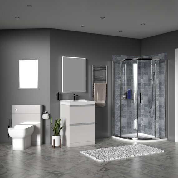 600mm Sink Unit, BTW Toilet, Quadrant Shower Enclosure - Ashford Pearl Grey Shower Suite