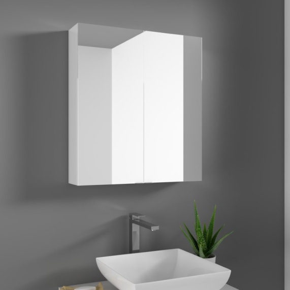 BC Mirror Cabinet: Gloss White, Two Mirrored Doors, Glass Shelving Storage