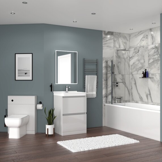 600mm Sink Unit, BTW Toilet & Bath with Optional Whirlpool System - Ashford Pearl Grey Bath Suite
