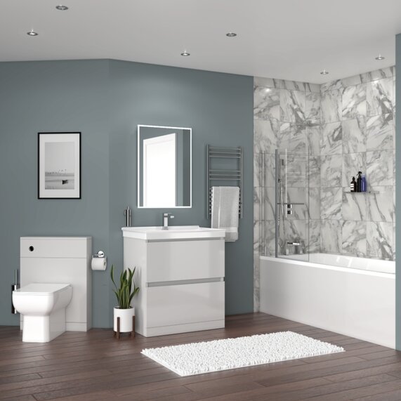 800mm Sink Unit, BTW Toilet & Straight Bath with Optional Whirlpool System - Ashford Light Grey Bath Suite