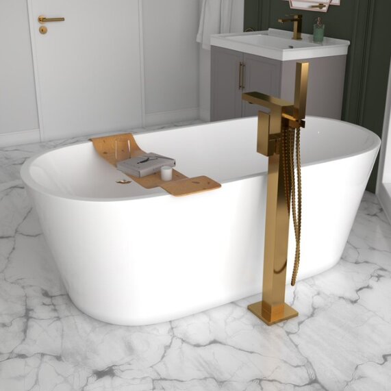 BC Gold Floor Standing Shower Bath Tap with Handset | RIA BRASSWARE