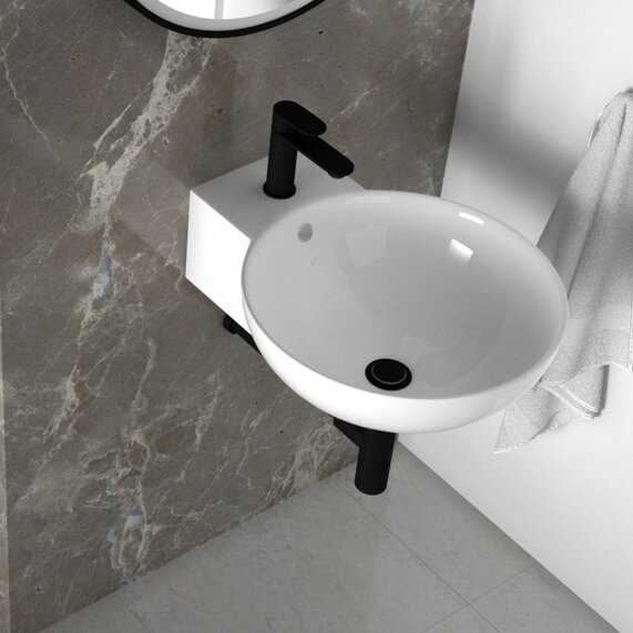 Tesla Wall Hung Small Round Basin with Black Tap