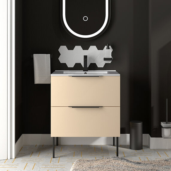 600mm Sand Vanity Unit with Light Oak - Alani Wall Hung Cabinet (Two Drawers, Handles in Gold, Black or Chrome)