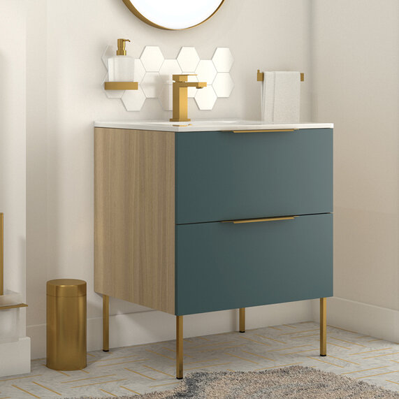 600mm Petrol Blue Vanity Unit with Light Oak  - Alani Wall Hung Cabinet (Two Drawers, Handles in Gold, Black or Chrome)