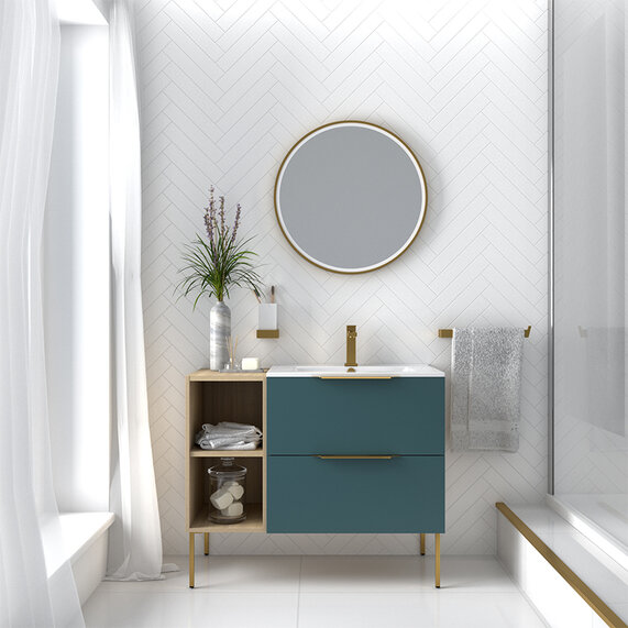 900mm Petrol Blue Vanity Unit with Light Oak unit & Shelves - Alani Wall Hung Cabinet (Two Drawers, Fixtures in Gold, Black or Chrome)