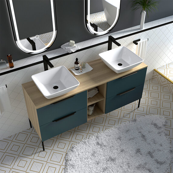 1500mm Petrol Blue Double Vanity Unit with Light Oak Countertop & Shelves - Alani Wall Hung Cabinet (Fixtures in Gold, Black or Chrome)