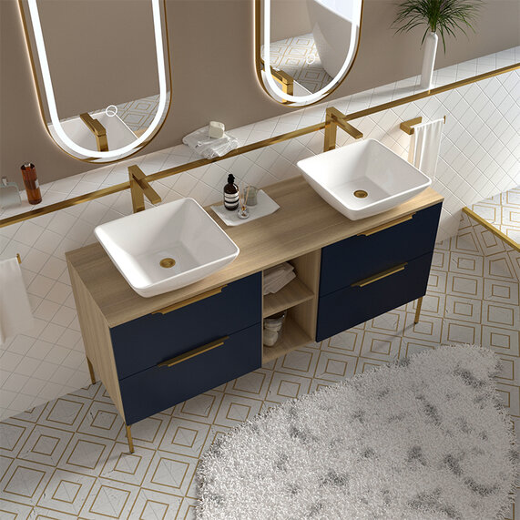 1500mm Navy Blue Double Vanity Unit with Light Oak Countertop & Shelves - Alani Wall Hung Cabinet (Fixtures in Gold, Black or Chrome)