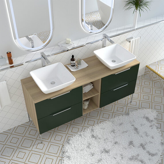 1500mm Green Double Vanity Unit with Light Oak Countertop & Shelves - Alani Wall Hung Cabinet (Fixtures in Gold, Black or Chrome)