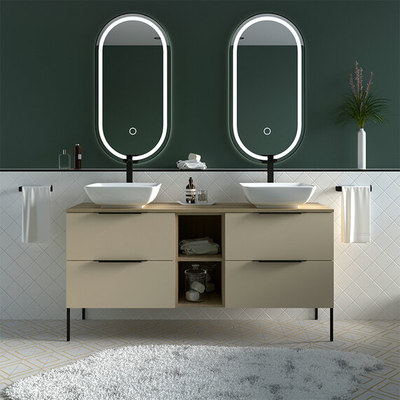 1500mm Sand Double Light Oak Vanity Unit with basins & Shelves - Alani Wall Hung Cabinet (Fixtures in Gold, Black or Chrome)