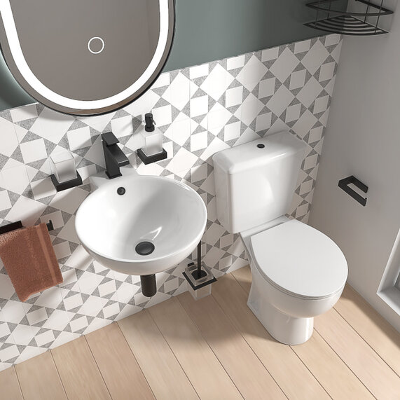 Tesla Wall Hung Cloakroom Suite with Basin and Toilet with Black Tap