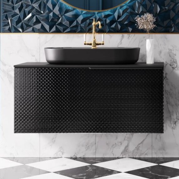 700mm or 900mm - Royo Glam Black Wall Hung Vanity Unit with Countertop Black Sink - 700mm or 900mm