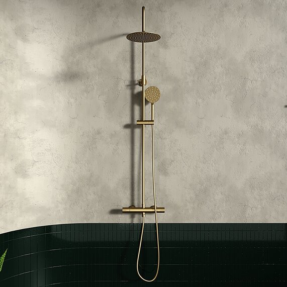 Petteril Gold Round Shower Kit: Exposed Valve, Rail, Head & Handset | RIA BRASSWARE