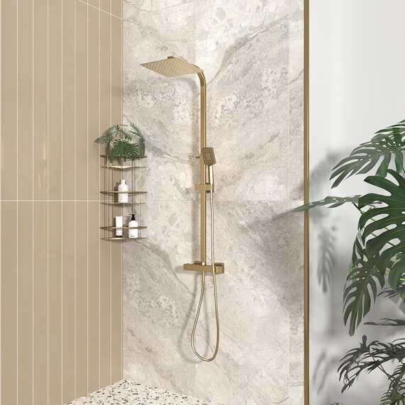 Twiss Gold Square Shower Kit: Exp. Valve, Rail, Head & Handset | RIA BRASSWARE