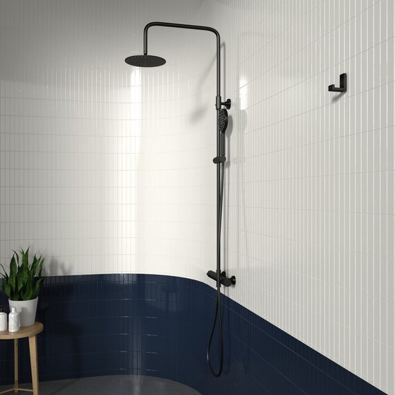 Petteril Black Round Shower Kit: Exposed Valve, Rail, Head & Handset | RIA BRASSWARE