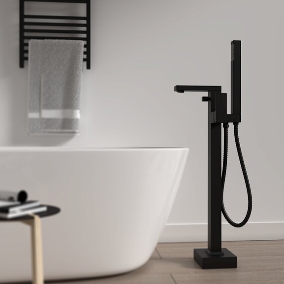 Glade Black Floorstanding Bath Tap with Hand Shower and Hose | RIA BRASSWARE