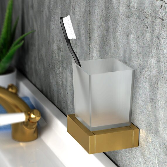 BC Gold Tumbler Holder Frosted Glass Cup