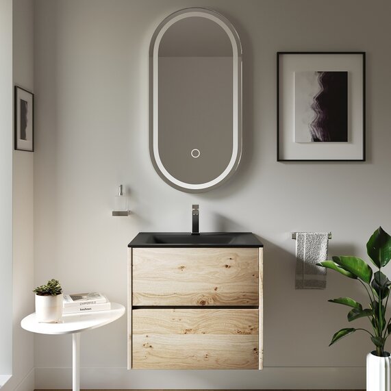 Akron - Light Oak 600mm Wall Hung Vanity Unit with Black Basin