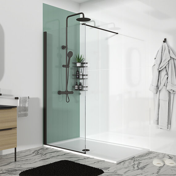 1700mm - Recess 10mm Walk In Radiant Black Shower Enclosure - With Tray