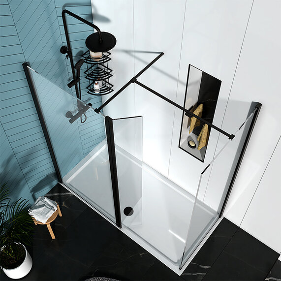 1400mm - Corner 10mm Walk In Radiant Black Shower Enclosure - With Tray, Side Panel