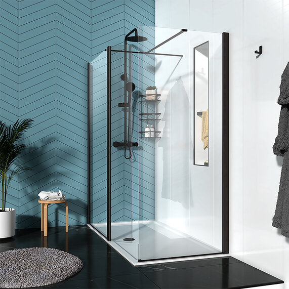1200mm - Corner 10mm Walk In Radiant Black Shower Enclosure - With Tray, Side Panel