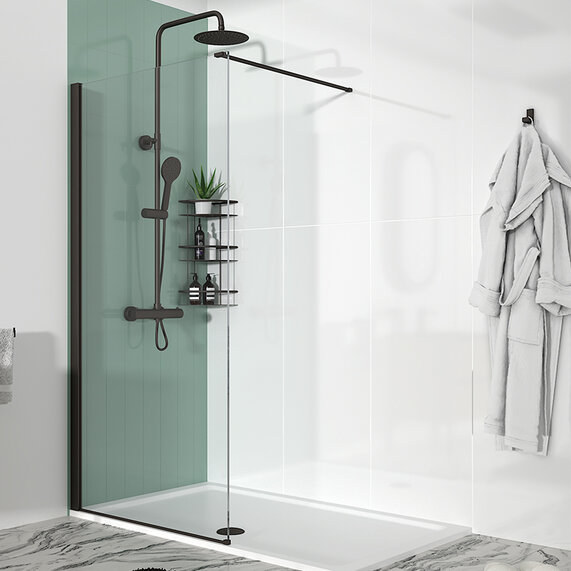 1600mm - Recess 10mm Walk In Radiant Black Shower Enclosure - With Tray
