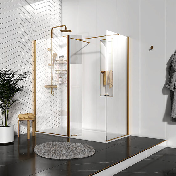 1600mm - Corner 10mm Walk In Radiant Brushed Gold Shower Enclosure - With Tray, Panel, Side Panel