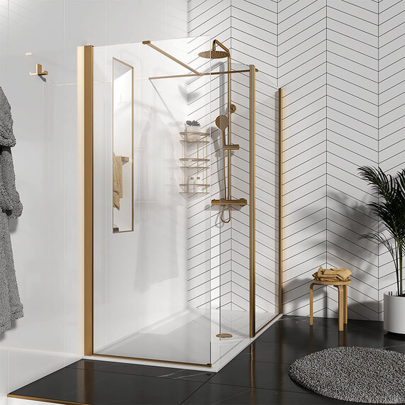 1400mm - Corner 10mm Walk In Radiant Brushed Gold Shower Enclosure - With Tray, Panel, Side Panel