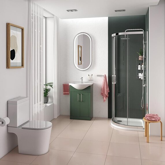 550  Fluted Green Vanity Unit with Toilet and Shower Cubicle | 3-piece Chrome Shower Suite | Celeste
