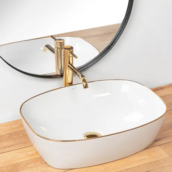 Kelsey White Countertop Washbasin with Gold Edge
