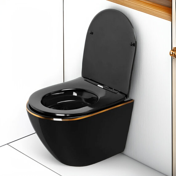 Bodine Rimless Black Wall Hung Toilet Pan with Gold Edge
