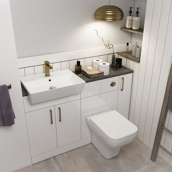 Oliver 1300 Unit with Sink, Toilet, Storage, Gold Tap & Gold Handles: Bathroom Fitted Furniture Set