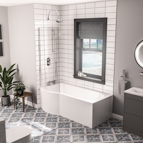 Portland 1700 Left-hand P Shape Shower Bath with Optional Beauforte Reinforcement