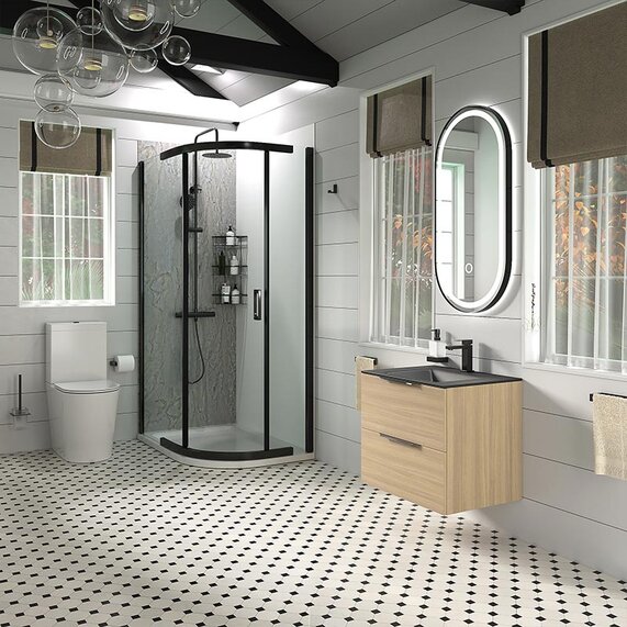 600mm Oak Vanity Unit, Offset Quadrant Black Shower, Rimless Toilet - Alani Shower Suite