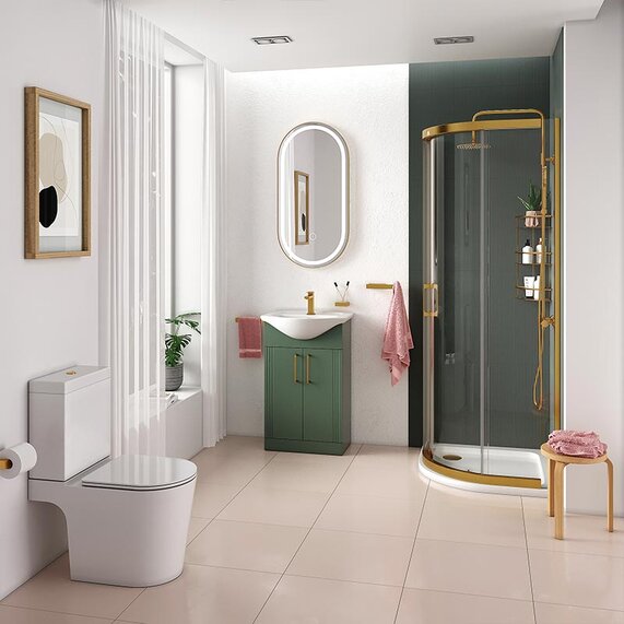 550 Green Vanity Unit with Toilet and Shower Cubicle | 3-piece Gold Shower Suite | Celeste