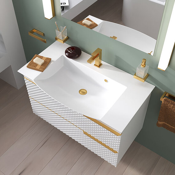 Elvia - White 950mm Wall Hung Vanity Unit with White Basin - Brushed Gold Handles
