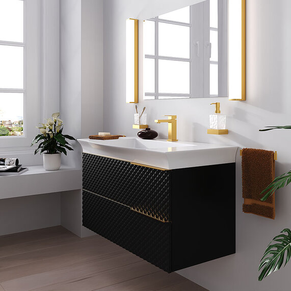 Elvia 950 Black Vanity Unit | White Basin | Gold Handles