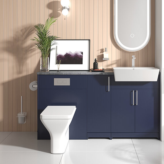 Oliver 1500 Navy Blue Suite with Chrome Handles, Sink, Toilet & Storage | Bathroom Fitted Furniture Set
