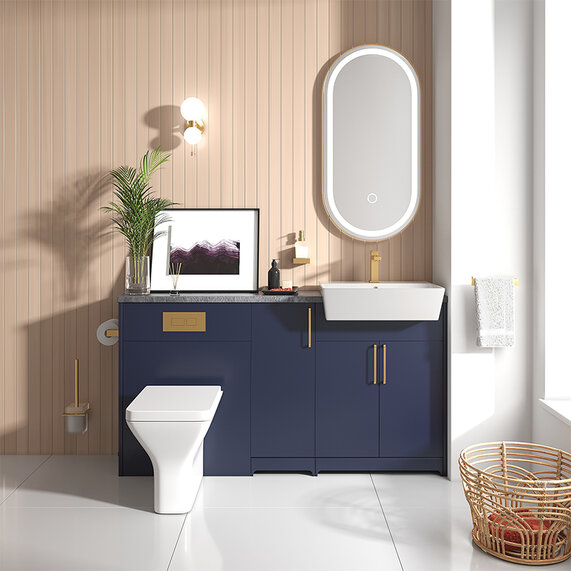 Oliver 1500 Navy Blue Suite with Gold Handles, Sink, Toilet & Storage | Bathroom Fitted Furniture Set
