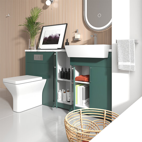 Oliver 1500 Matt Green Unit with Chrome Handles, Sink, Toilet & Storage | Bathroom Combination Furniture Set