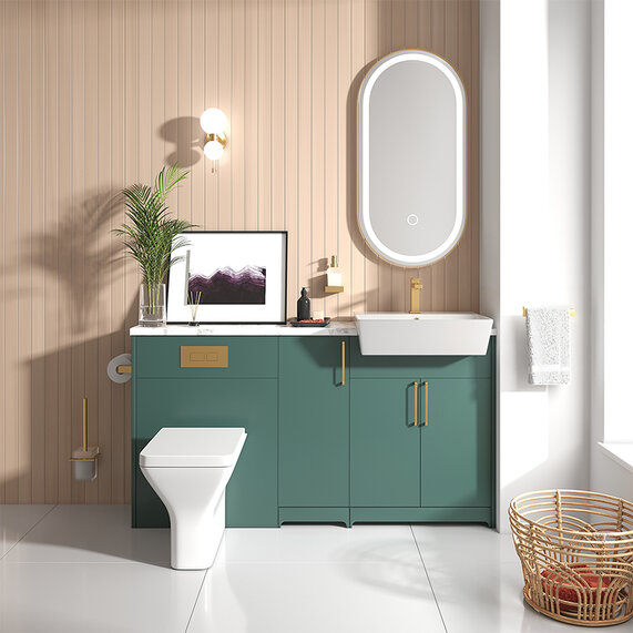 Oliver 1500 Matt Green Unit with Gold Handles, Sink, Toilet & Storage | Bathroom Fitted Furniture Set