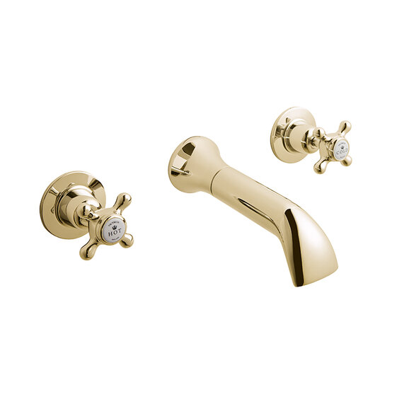 BC Designs Victrion Gold Crosshead Three Hole Wall Bath Filler Tap with Spout