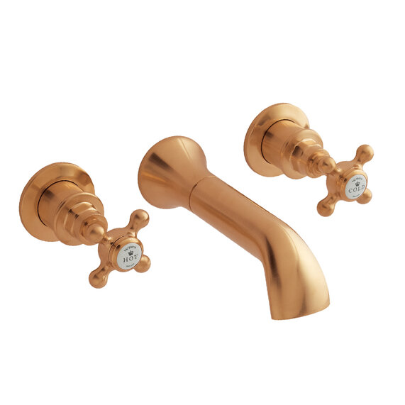 BC Designs Victrion Brushed Copper Crosshead Three Hole Wall Basin Filler Tap with Spout
