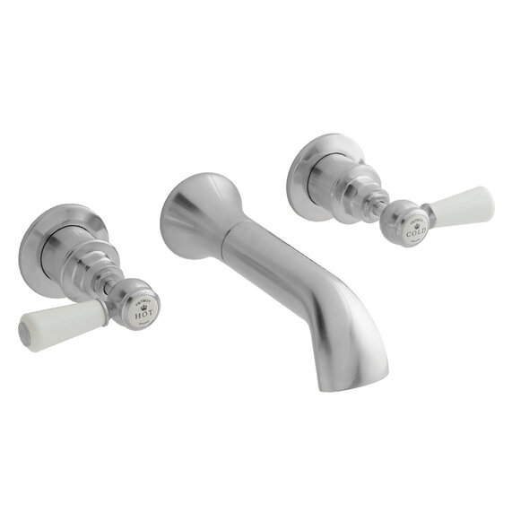 BC Designs Victrion Brushed Chrome Lever Three Hole Wall Bath Filler Tap with Spout