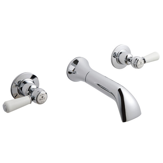 BC Designs Victrion Chrome Lever Three Hole Wall Basin Filler Tap with Spout