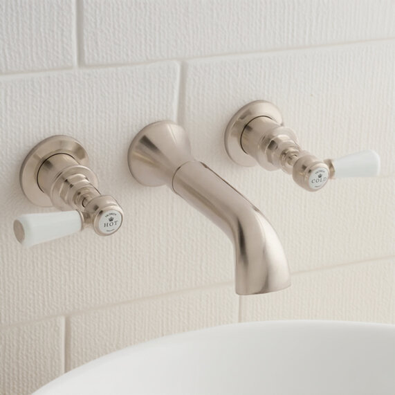 BC Designs Victrion Brushed Nickel Lever Three Hole Wall Basin Filler Tap with Spout