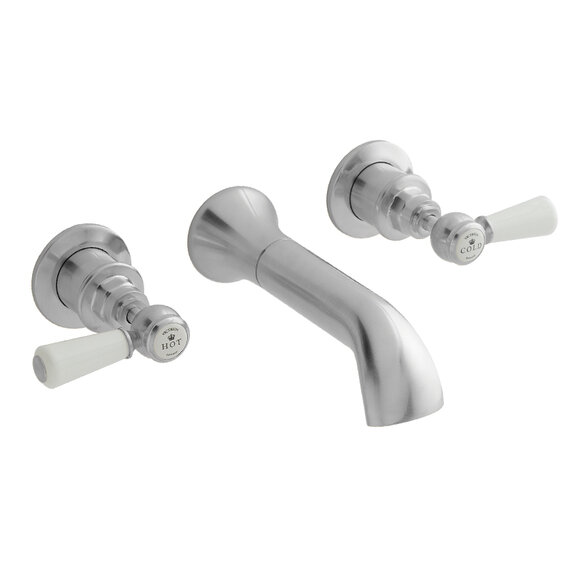 BC Designs Victrion Brushed Chrome Lever Three Hole Wall Basin Filler Tap with Spout